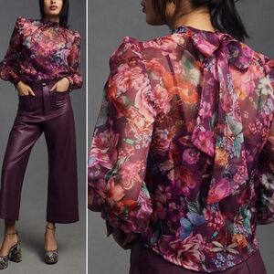 Anthropologie Organza Bow Back Blouse in Purple Motif